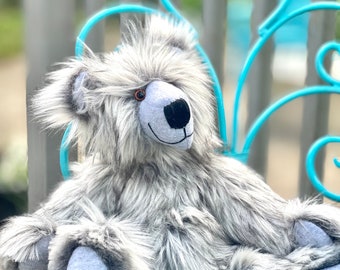 Grey Faux Fur Collectible bear wool nose and pads. Long pile faux fur grey bear with plastic eyes and jointed legs and head.  Custom bear
