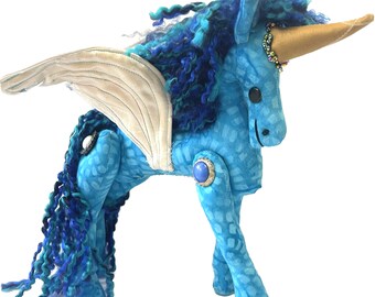 Flying Unicorn Horse. Handmade Cotton Unicorn with Gold wings, Blue and Green Yarn Made. Handmade Artist Pegasus/Unicorn