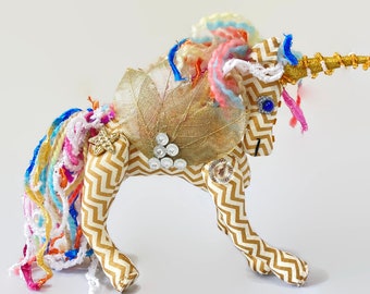 Cloth Sculpture, Unicorn ,Sculpture Pegasus Sculpture, Unicorn Pegasus, Flying Horse, Mythical Creature Gold and White Chevron Cotton Horse