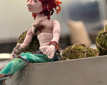 Merman Doll. One of a kind Merman cloth doll. fantasy doll. creature of the sea doll. Mermaid doll with seahorse. red haired/ginger merman