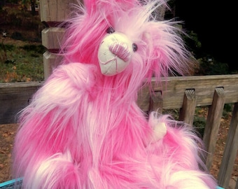 Artist One of a kind Hot Pink Long Pile Fur Teddy Bear  with Hazel Plastic Eyes. Repurposed fabric for nose and paws..jointed bear