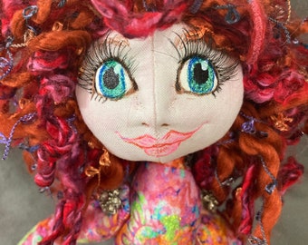 Cloth Doll Sculpture Fiber Art Doll Fiber Art~Pink multicolored OOAK Doll with  external button joints. Curly red haired doll