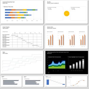 Puede incluir: Una colección de gráficos y diagramas comerciales, incluidos gráficos de barras apiladas horizontales, gráficos de columnas y una línea de tiempo del proyecto. Los gráficos utilizan una variedad de colores y formatos para mostrar datos. La imagen también incluye un cuadro de texto y un diagrama paso a paso.