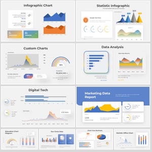 Twee PowerPoint-sjablonen met gegevensvisualisatie, infographic, staafdiagrammen, cirkeldiagrammen, tijdreeksen en lijndiagrammen | Elk 30+ pagina's