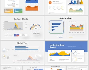 Dos plantillas de PowerPoint con visualización de datos, infografía, gráficos de barras, gráficos circulares, series de tiempo y gráficos de líneas / más de 30 páginas cada una