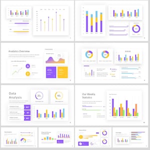 PowerPoint-sjablonen met twee thema's met gegevensvisualisaties, infographics, staafdiagrammen, cirkeldiagrammen, tijdreeksen en lijndiagrammen | 30+ dia's
