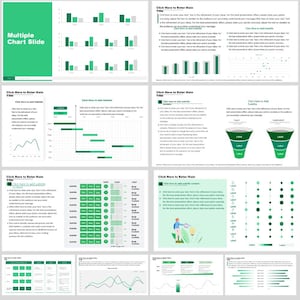 Könnte beinhalten: Eine Präsentationsfolie mit einem grün-weißen Farbschema. Die Folie enthält verschiedene Diagramme und Grafiken, darunter Balkendiagramme, Liniendiagramme und Flussdiagramme. Text enthält "Multiple Chart Slide" und "Click Here to Enter Main Title".