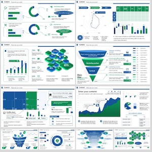 May include: A collection of infographics with blue and green color schemes. The graphics include charts, diagrams, and text related to marketing, data analysis, and content management. The layout is designed for presenting data.