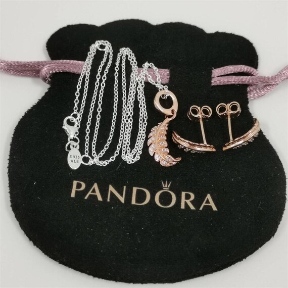 Pandora Floating Curved Feather Necklace Earring Set-45cm