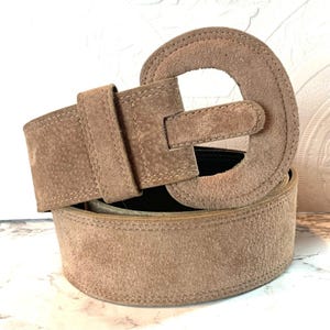 Vintage Suede Leather Belt: Two Blondes New York, Wide Tan Brown Buckle, Size ML