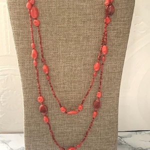 Vintage Crimson Red Bead Necklace With Black Accents Long Statement Piece