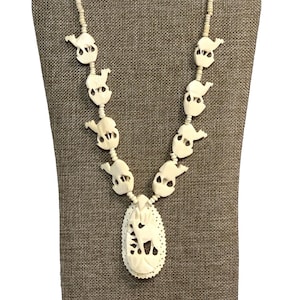 Vintage Hand Carved Bovine Bone Camel Pendant Necklace Artisan Beaded Strand 20”