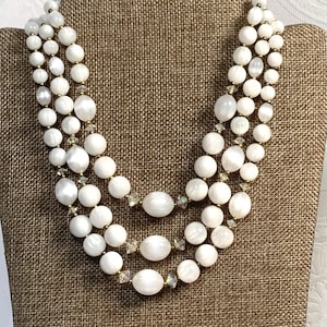 Vintage Lisner 3 Strand White Moonglow Bead Necklace AB Spacers Mid Century