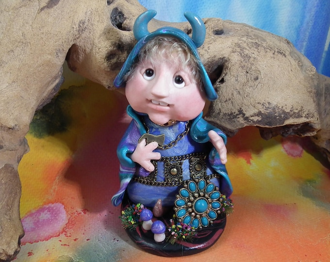Warrior Gnome 'Lady Agneth' 5" Art Doll with axe and shield OOAK Sculpt by Artist Ann Galvin