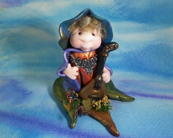Minstrel Gnome 'Hodge' with balalaika 4" OOAK Sculpt by Sculpture Artist Ann Galvin Art Doll