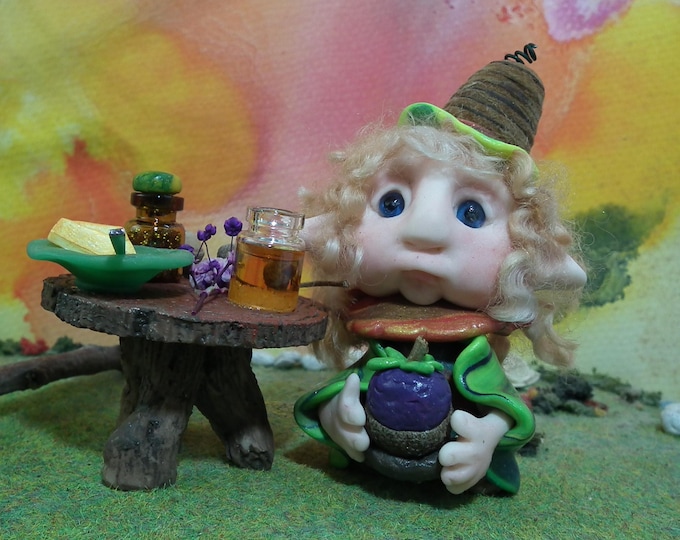 Woodland Gnome 'Brogan Berry' with forest feast 3" OOAK Sculpt by Sculpture Artist Ann Galvin Art Doll