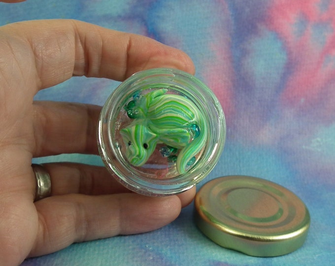 Tiny Water Dragon 'Meryss' in 2" jar with 'water' OOAK Sculpt by Sculpture Artist Ann Galvin