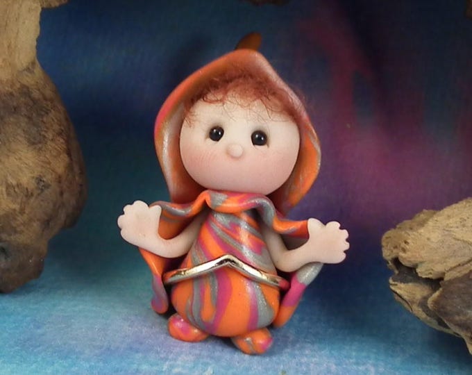 Tiny Welcome Gnome 1+1/2" 'Thea' with golden belt Elf Gnome OOAK Sculpt by Sculpture Artist Ann Galvin Art Doll
