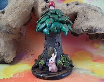 Sweet 'Mama Bunny' 1" Rabbit on woodland treehouse tableau OOAK Sculpt by Sculpture Artist Ann Galvin