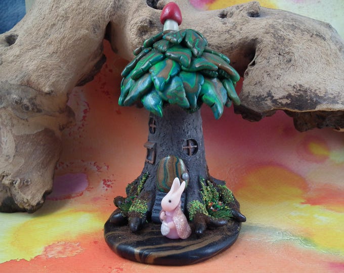 Sweet 'Mama Bunny' 1" Rabbit on woodland treehouse tableau OOAK Sculpt by Sculpture Artist Ann Galvin