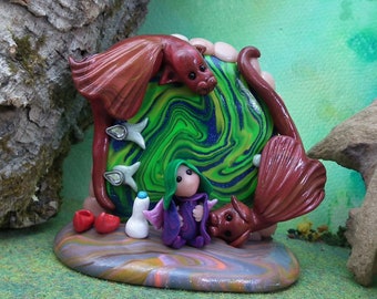 Tiny winged Sprite 'Nerys' 1" on magical door tableau with Dragon Guardians OOAK Sculpt by Ann Galvin Fairy Door
