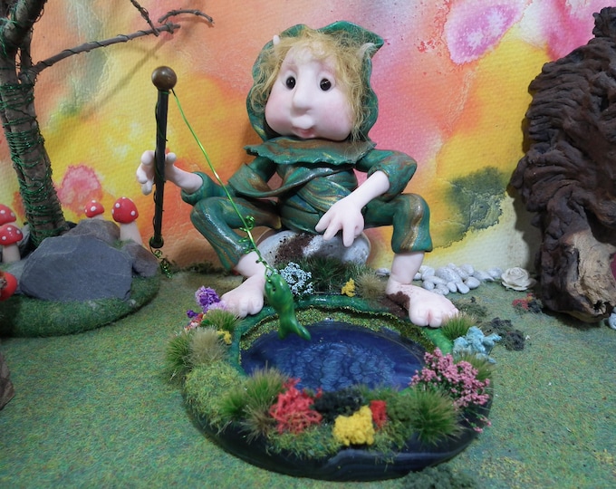 Fishing Woodlander Elf Art Doll 'Skilicorne' on pond tableau OOAK Sculpt by Sculpture Artist Ann Galvin