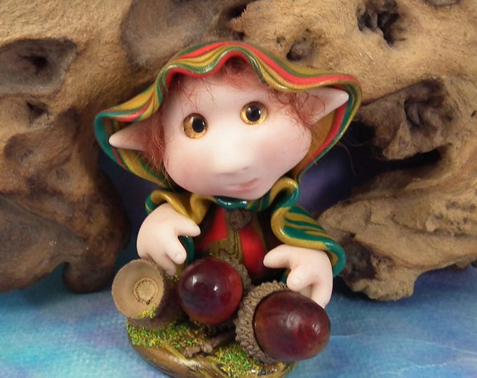 Coppice Gnome 'MelodyThicket' 3" Art Doll Acorn Forager OOAK Sculpt by Artist Ann Galvin