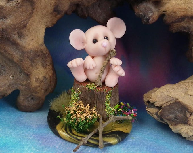 Sweet Baby Mouseling 'Briony' on tree stump OOAK Sculpt by Sculpture Artist Ann Galvin