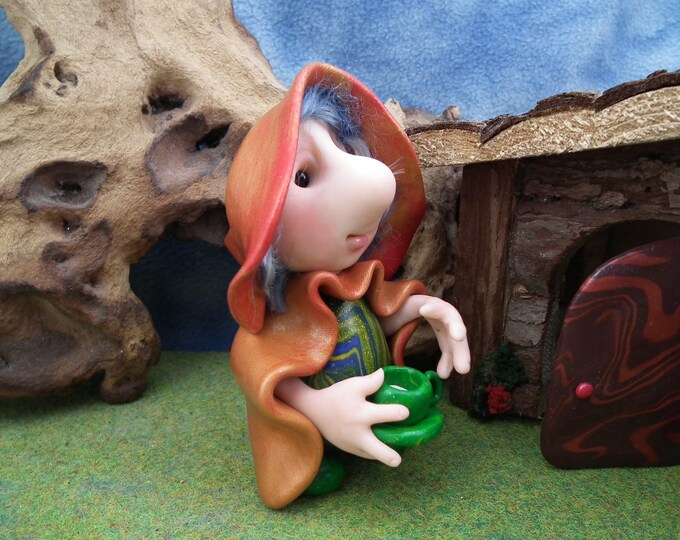 Helpful Gnome 'Charity' with a cup of tea in hand 4" OOAK Sculpt by Sculpture Artist Ann Galvin Art Doll