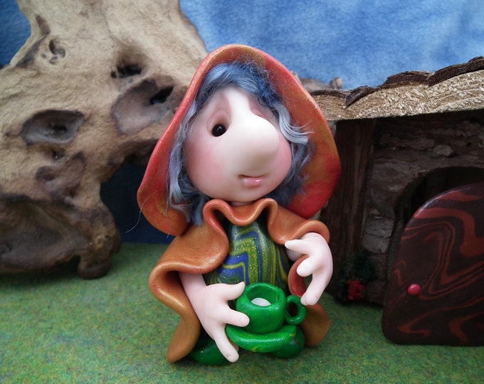 Helpful Gnome 'Charity' with a cup of tea in hand 4" OOAK Sculpt by Sculpture Artist Ann Galvin Art Doll
