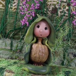 Tiny Podkin Gnome 'Larch' with seed pod body 2" Elf Gnome OOAK Sculpt by Sculpture Artist Ann Galvin Art Doll image 6