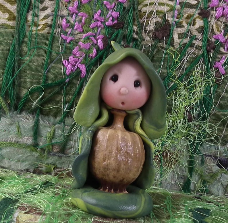 Tiny Podkin Gnome 'Larch' with seed pod body 2" Elf Gnome OOAK Sculpt by Sculpture Artist Ann Galvin Art Doll image 6