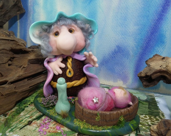 Art Doll 'Nurse Addwynn' 4" with Baby Nancy in rustic woodland crib OOAK Sculpt by Sculpture Artist Ann Galvin