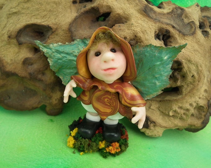 End of Season Sale ... Winged Tree Elf 'SilvanBir' on grassy tussock 3" OOAK Sculpt by Sculpture Artist Ann Galvin