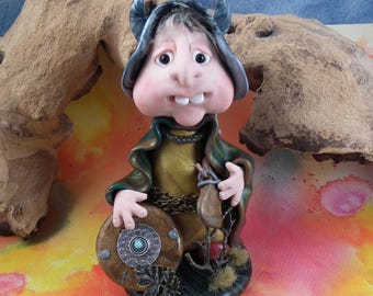Warrior Gnome 'Lord Yorvik' 5+1/2" Art Doll with axe and shield OOAK Sculpt by Artist Ann Galvin