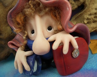 Bookish Library Hobblin Gnome 'Libbry' with tumbled curls and books OOAK Sculpt Sculpture by Artist Ann Galvin Goblin