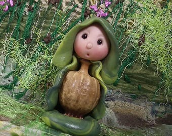 Tiny Podkin Gnome 'Larch' with seed pod body 2" Elf Gnome OOAK Sculpt by Sculpture Artist Ann Galvin Art Doll