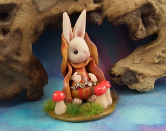 Tiny Rabbit 'Celeste' in grassy glade with toadstools OOAK Sculpt by Sculpture Artist Ann Galvin