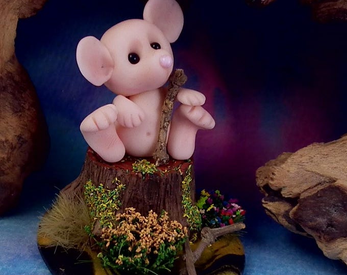 Sweet Baby Mouseling 'Briony' on tree stump OOAK Sculpt by Sculpture Artist Ann Galvin