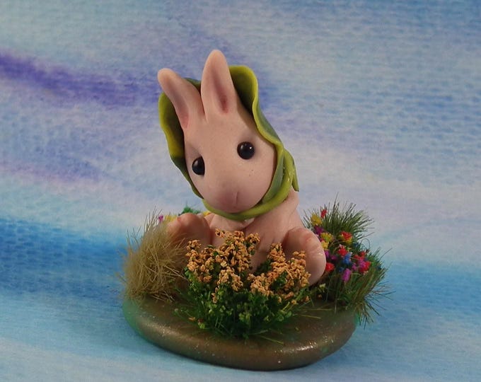 Sweet Baby Rabbit 'Amelia' on grassy tussock with wildflowers OOAK Sculpt by Sculpture Artist Ann Galvin