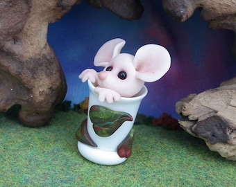 Sweet Baby Mouse 'Mimosa' in ceramic thimble OOAK Sculpt by Sculpture Artist Ann Galvin