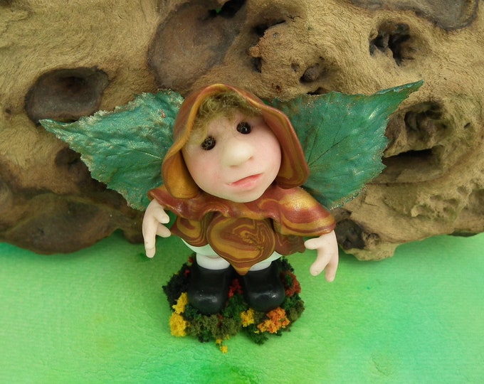 Sale ... Winged Tree Elf 'SilvanBir' on grassy tussock 3" OOAK Sculpt by Sculpture Artist Ann Galvin