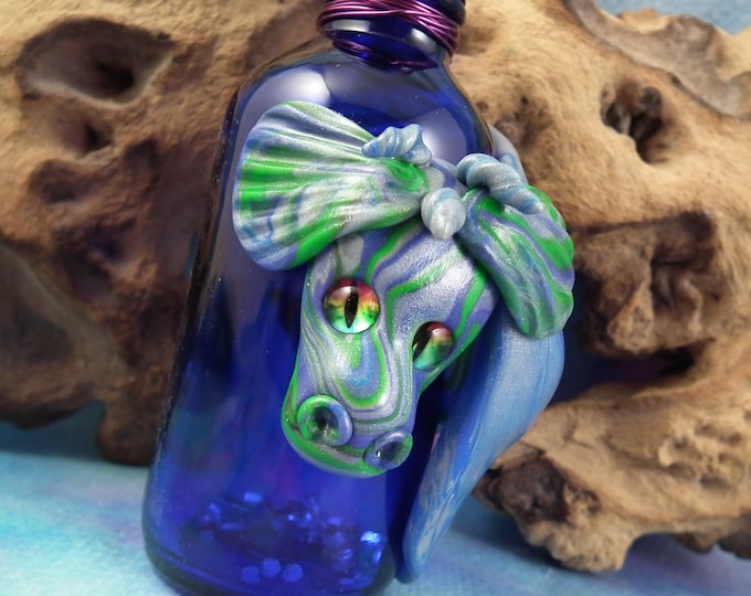 Precious Elemental Dragon 'Yarrowe' on 4" glass bottle OOAK Sculpt by Sculpture Artist Ann Galvin
