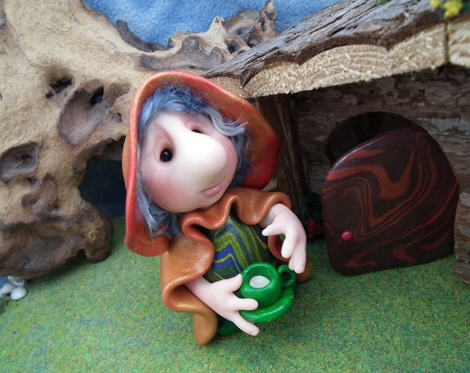 Helpful Gnome 'Charity' with a cup of tea in hand 4" OOAK Sculpt by Sculpture Artist Ann Galvin Art Doll