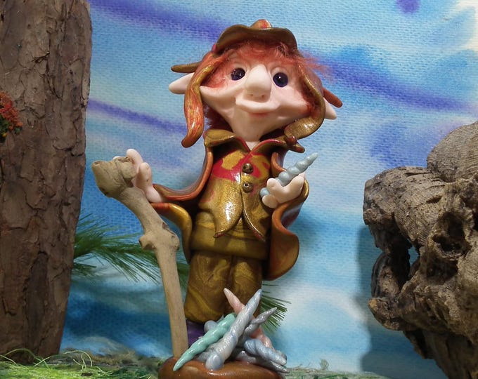 Unicorn Horn Forager Elf 'Spellikin' 6" Art Doll OOAK Sculpt by Artist Ann Galvin