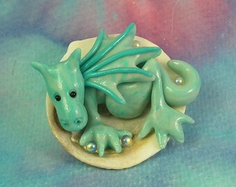 Baby Elemental Water Dragon 'Allurah' in seashell OOAK SCULPT by Artist Ann Galvin