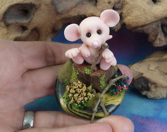 Sweet Baby Mouseling 'Briony' on tree stump OOAK Sculpt by Sculpture Artist Ann Galvin