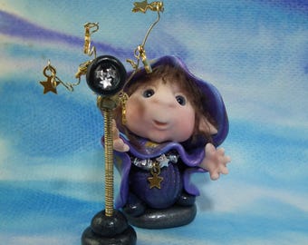 Stargazer Gnome 'Astriel' with telescope 3" OOAK Sculpt by artist Ann Galvin Astronomer Art Doll