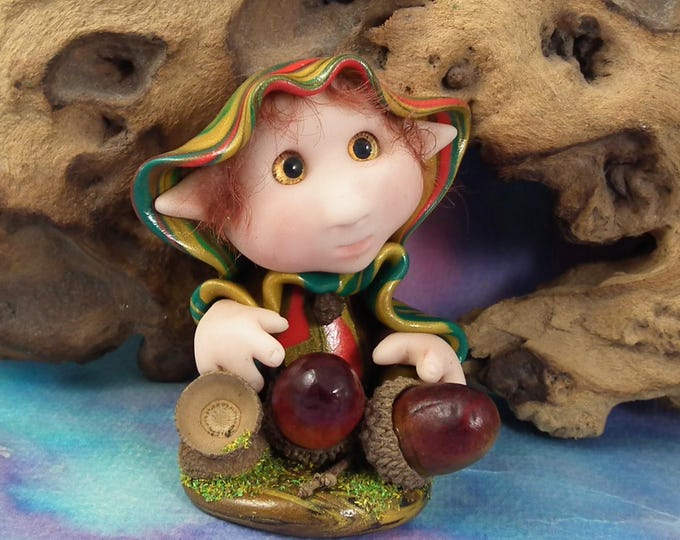 Coppice Gnome 'MelodyThicket' 3" Art Doll Acorn Forager OOAK Sculpt by Artist Ann Galvin