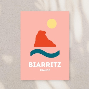 Póster de viaje de Biarritz – Arte mural retro francés – Impresión costera colorida – Decoración de estilo vintage – Arte costero minimalista - Impresión A4